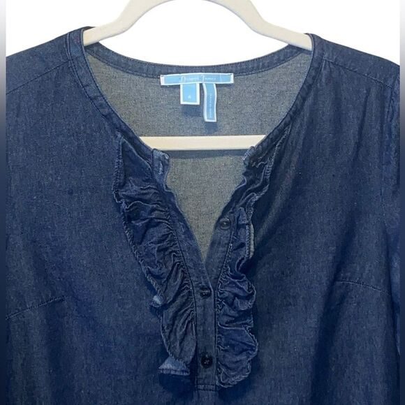 Draper James Wm’s Sz 4 Indigo Dark Wash Chambray Denim Shift Ruffle Dress - Picture 2 of 5